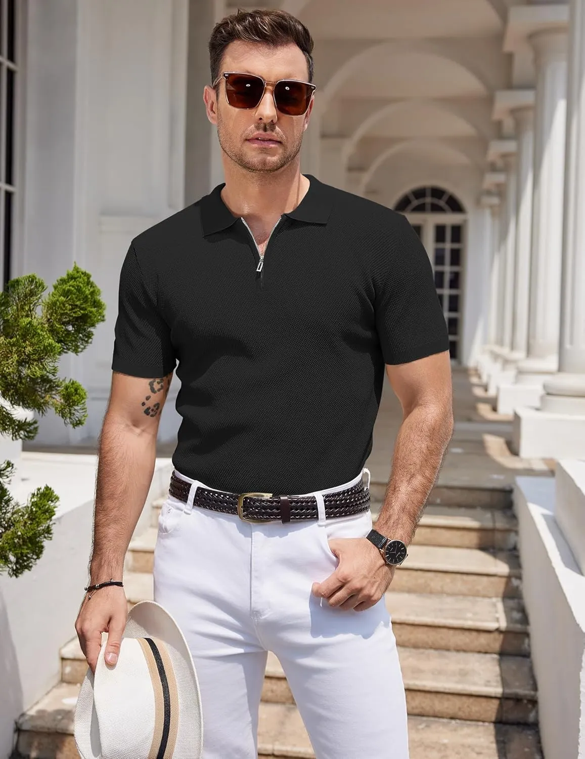 COOFANDY Mens Textured Knit Polo Shirts Zipper Polo Shirts Short Sleeve Casual Lightweight Golf Shirt