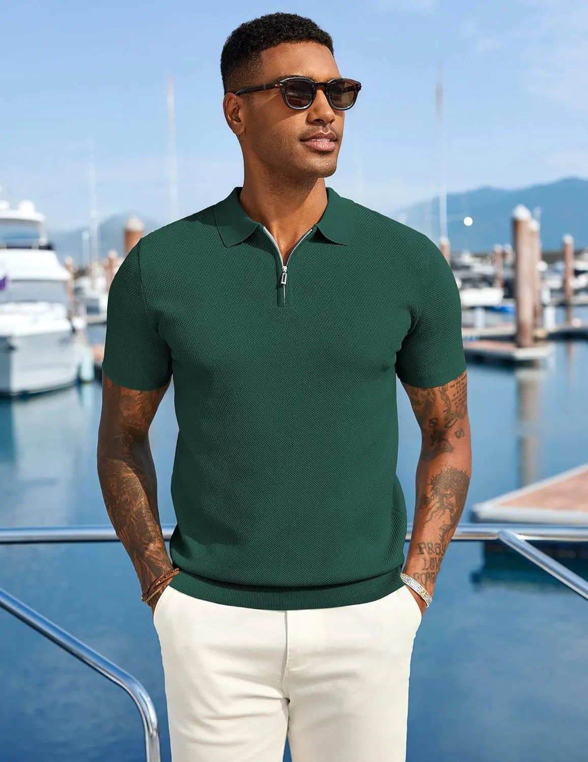 COOFANDY Mens Textured Knit Polo Shirts Zipper Polo Shirts Short Sleeve Casual Lightweight Golf Shirt