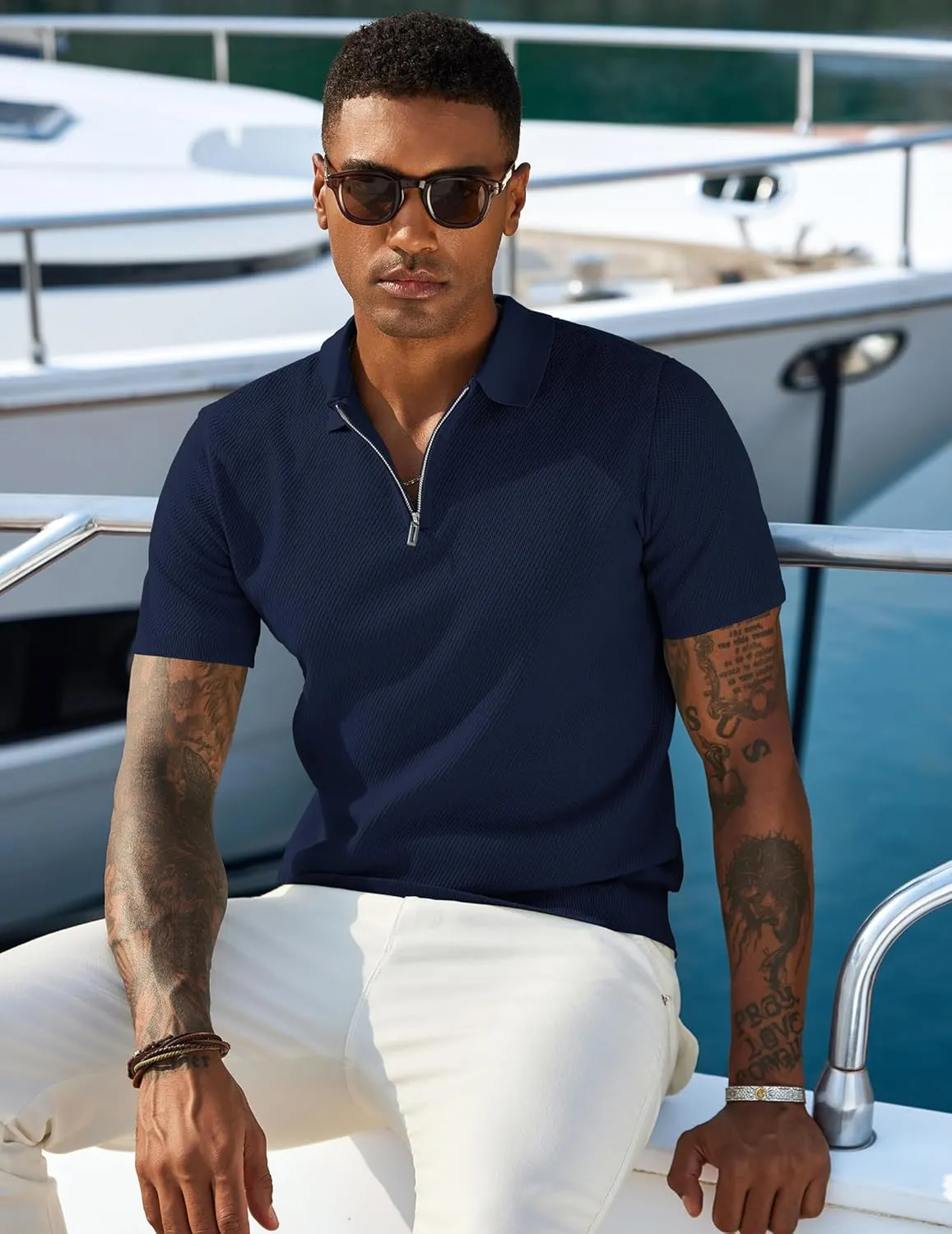 COOFANDY Mens Textured Knit Polo Shirts Zipper Polo Shirts Short Sleeve Casual Lightweight Golf Shirt