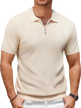 COOFANDY Mens Textured Knit Polo Shirts Zipper Polo Shirts Short Sleeve Casual Lightweight Golf Shirt