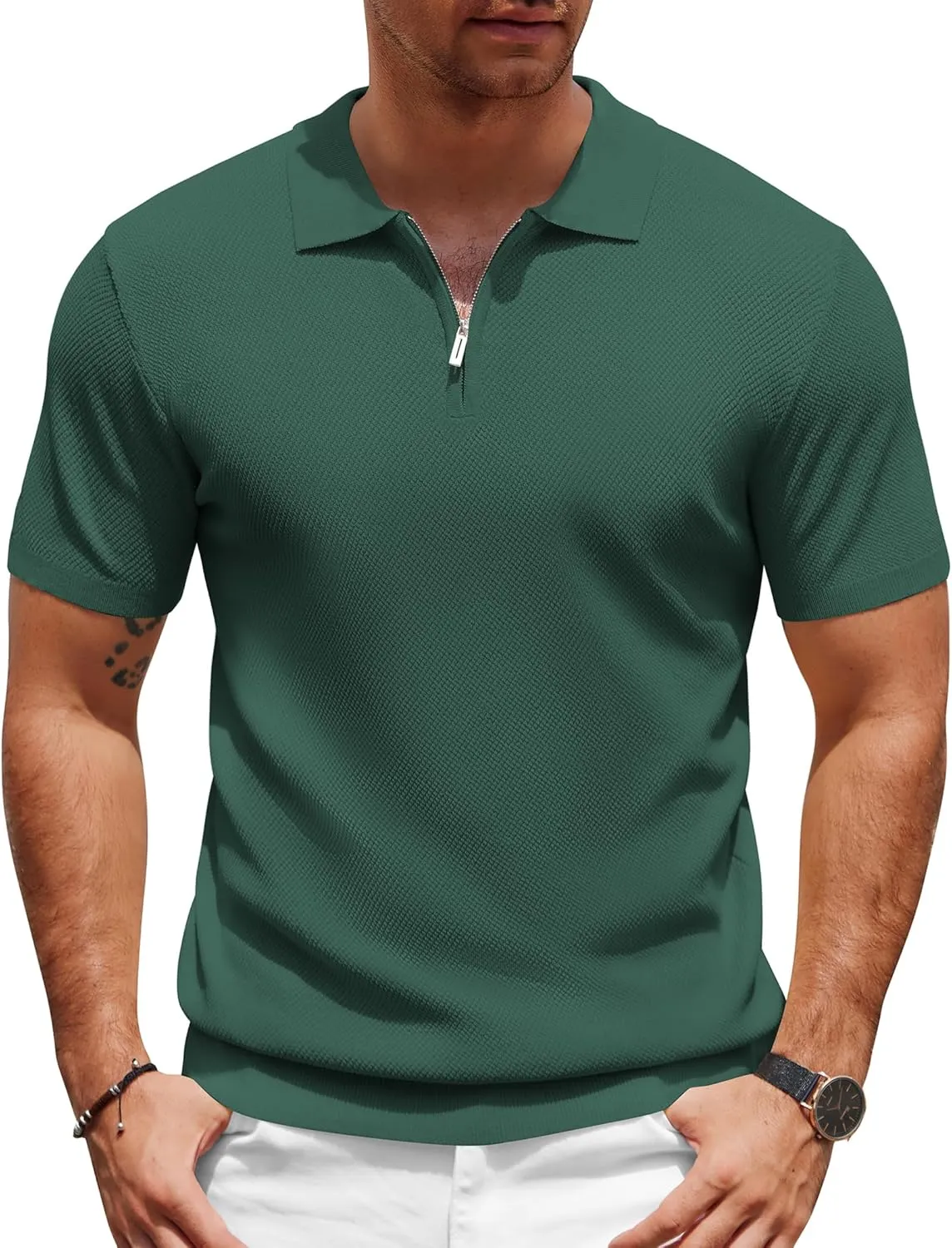 COOFANDY Mens Textured Knit Polo Shirts Zipper Polo Shirts Short Sleeve Casual Lightweight Golf Shirt