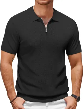 COOFANDY Mens Textured Knit Polo Shirts Zipper Polo Shirts Short Sleeve Casual Lightweight Golf Shirt