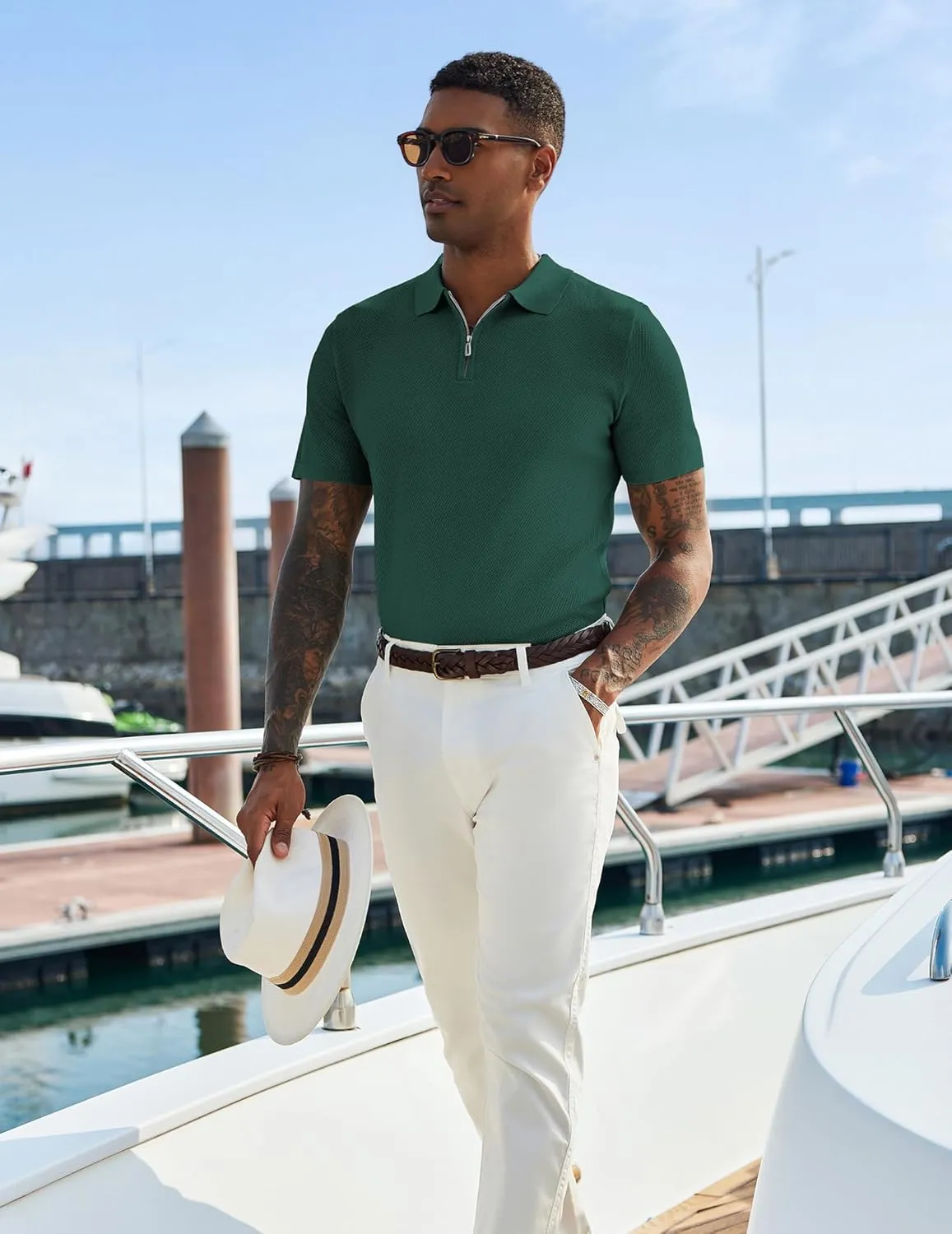 COOFANDY Mens Textured Knit Polo Shirts Zipper Polo Shirts Short Sleeve Casual Lightweight Golf Shirt