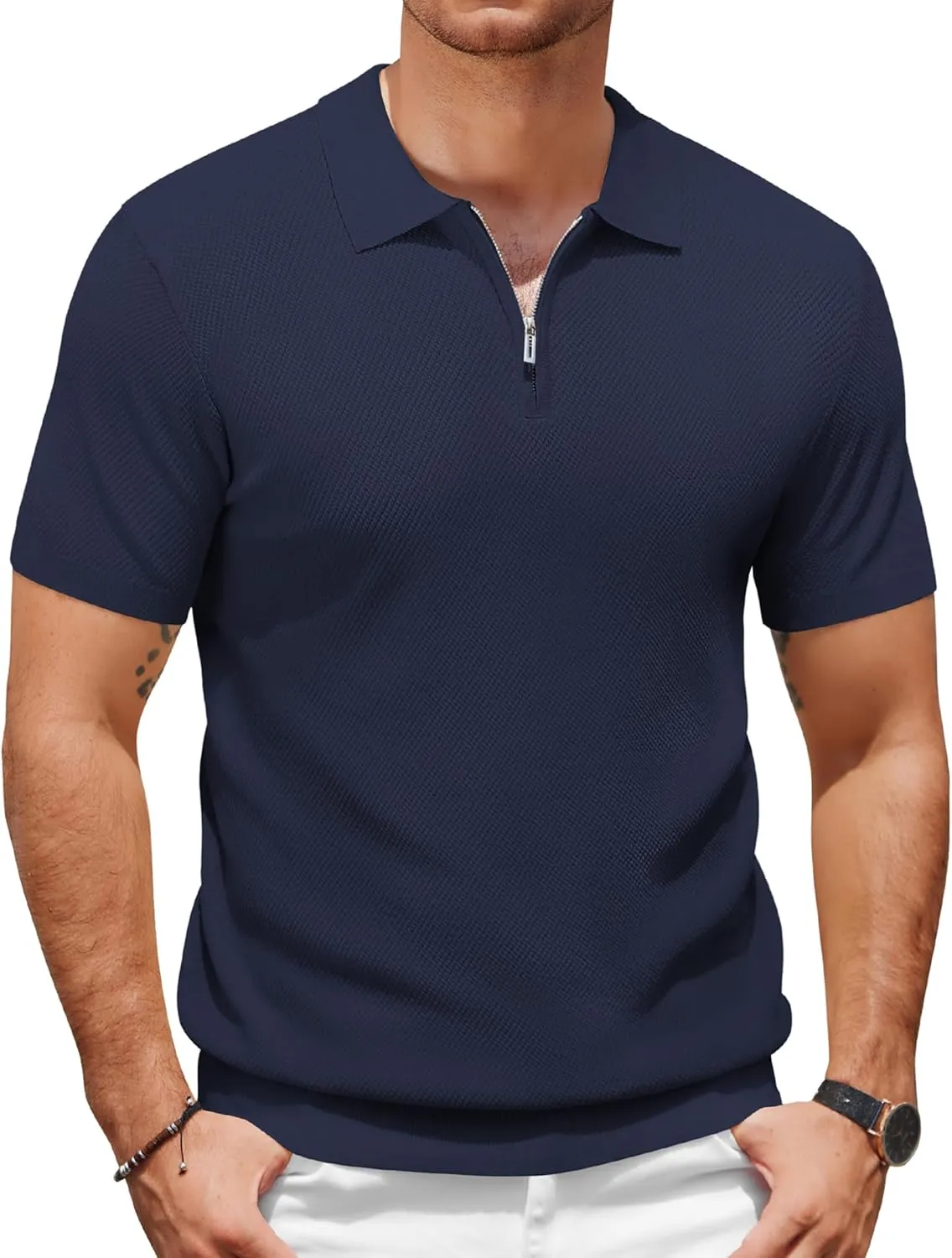 COOFANDY Mens Textured Knit Polo Shirts Zipper Polo Shirts Short Sleeve Casual Lightweight Golf Shirt
