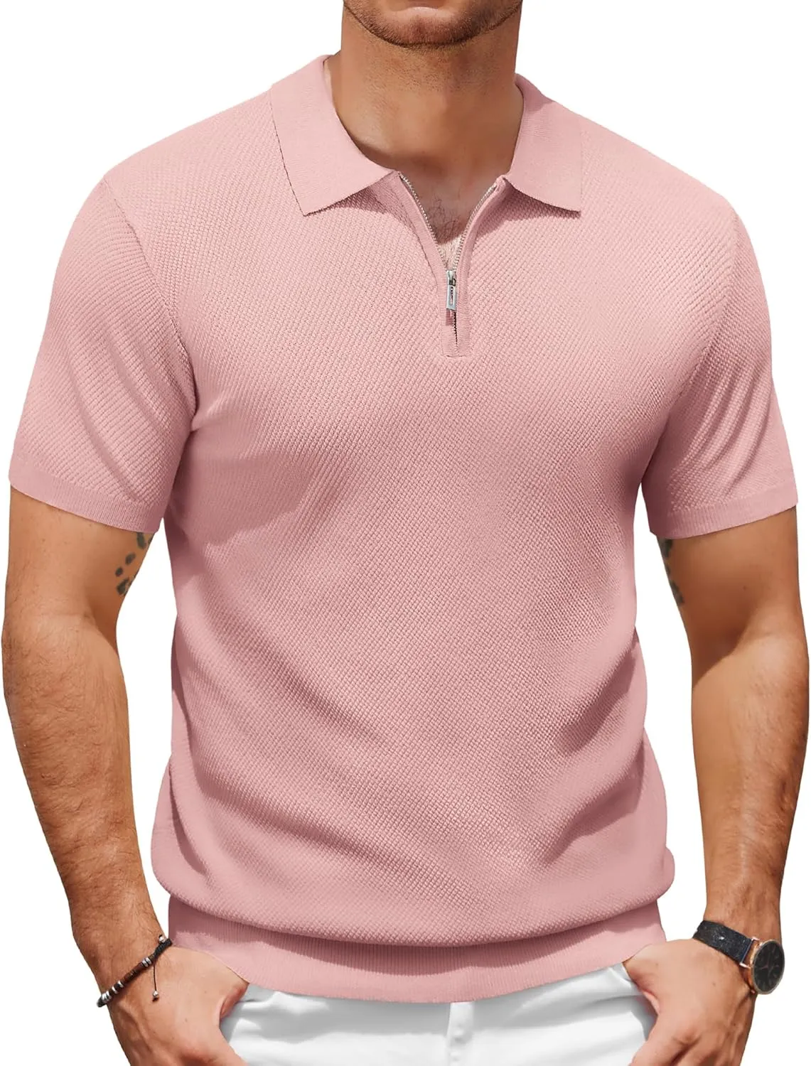 COOFANDY Mens Textured Knit Polo Shirts Zipper Polo Shirts Short Sleeve Casual Lightweight Golf Shirt