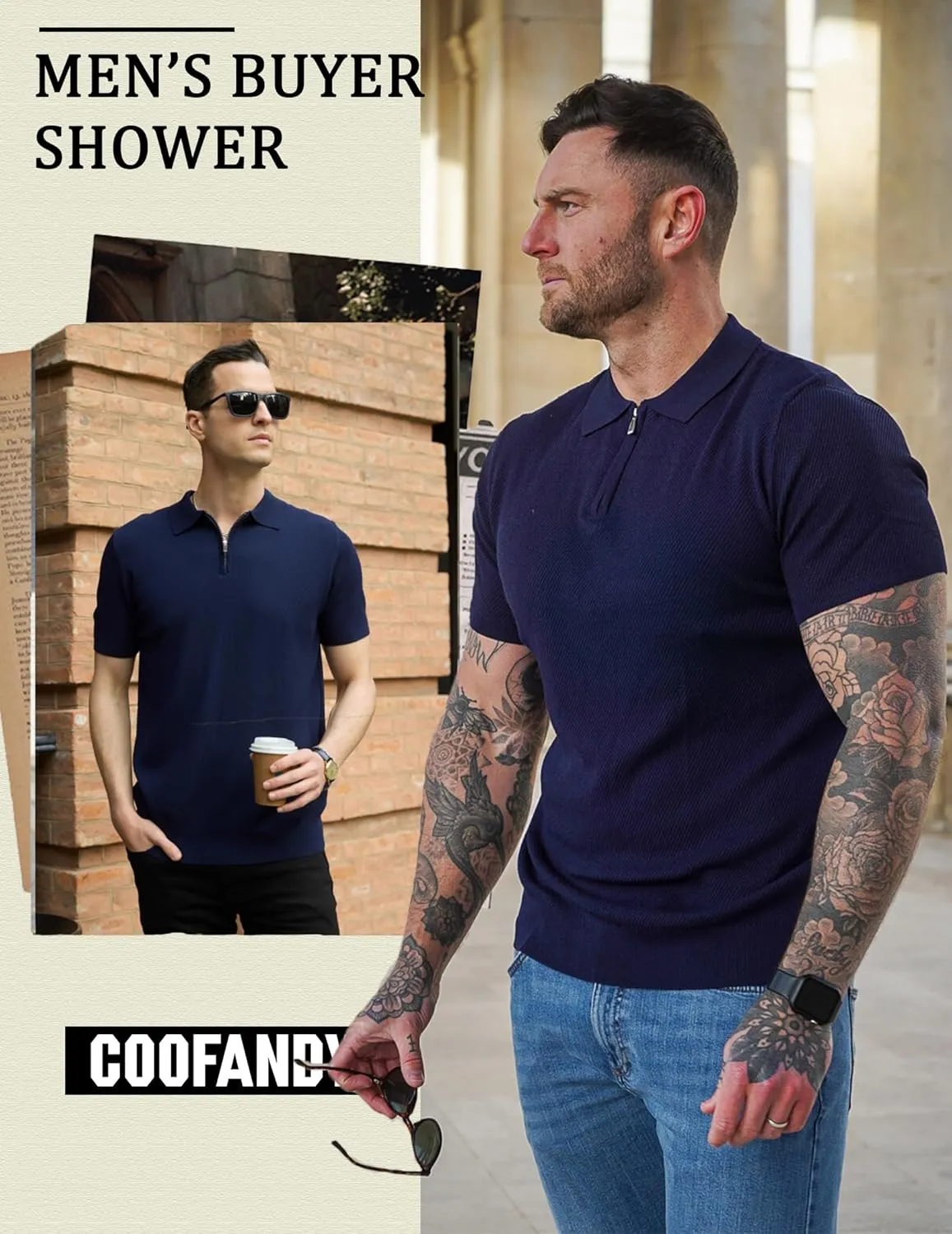 COOFANDY Mens Textured Knit Polo Shirts Zipper Polo Shirts Short Sleeve Casual Lightweight Golf Shirt