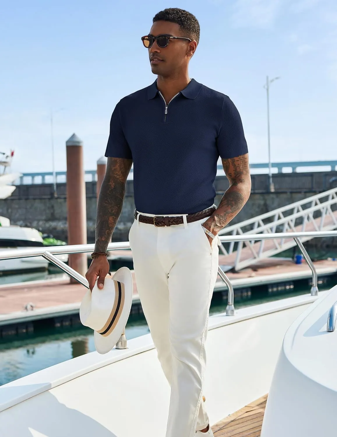 COOFANDY Mens Textured Knit Polo Shirts Zipper Polo Shirts Short Sleeve Casual Lightweight Golf Shirt