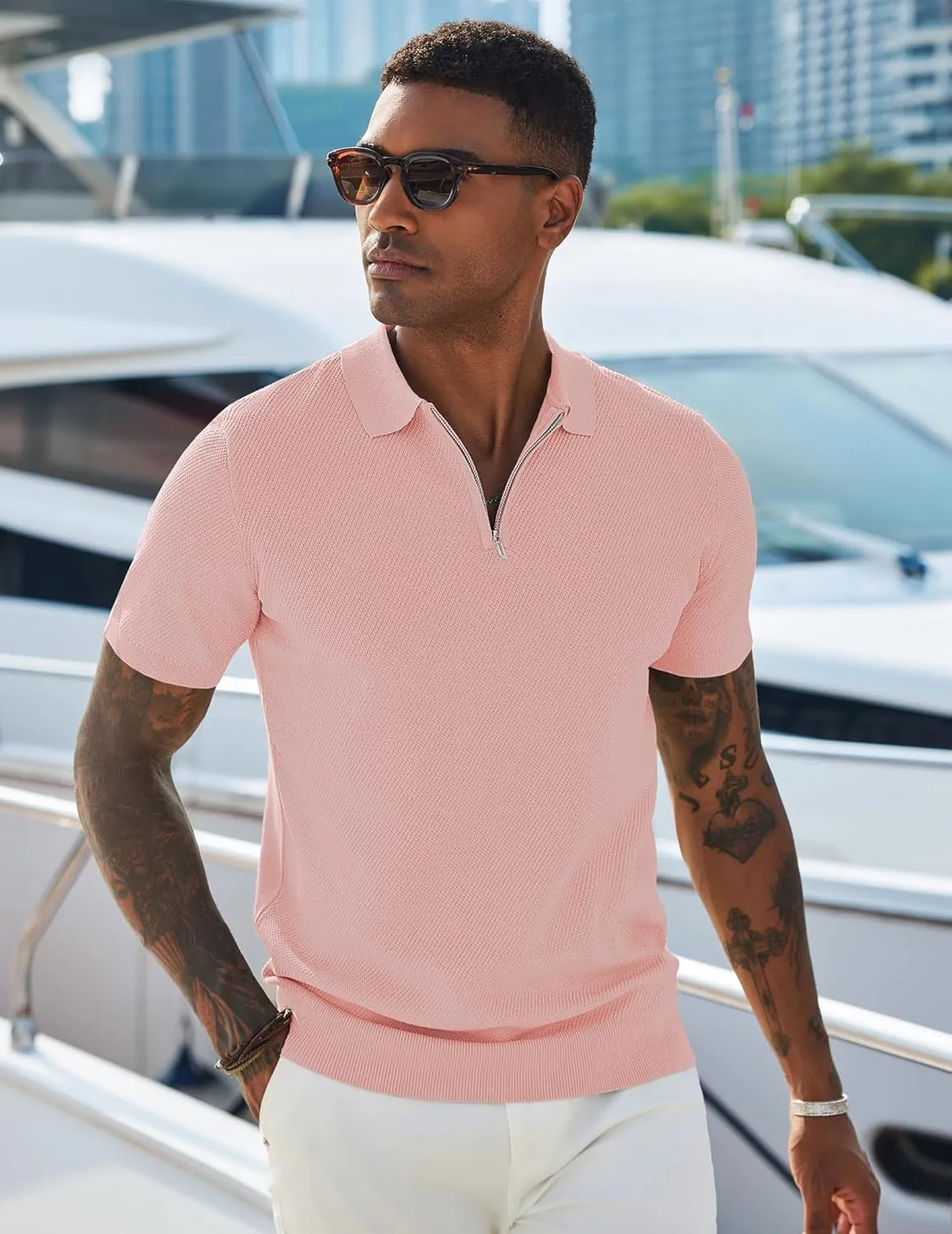 COOFANDY Mens Textured Knit Polo Shirts Zipper Polo Shirts Short Sleeve Casual Lightweight Golf Shirt