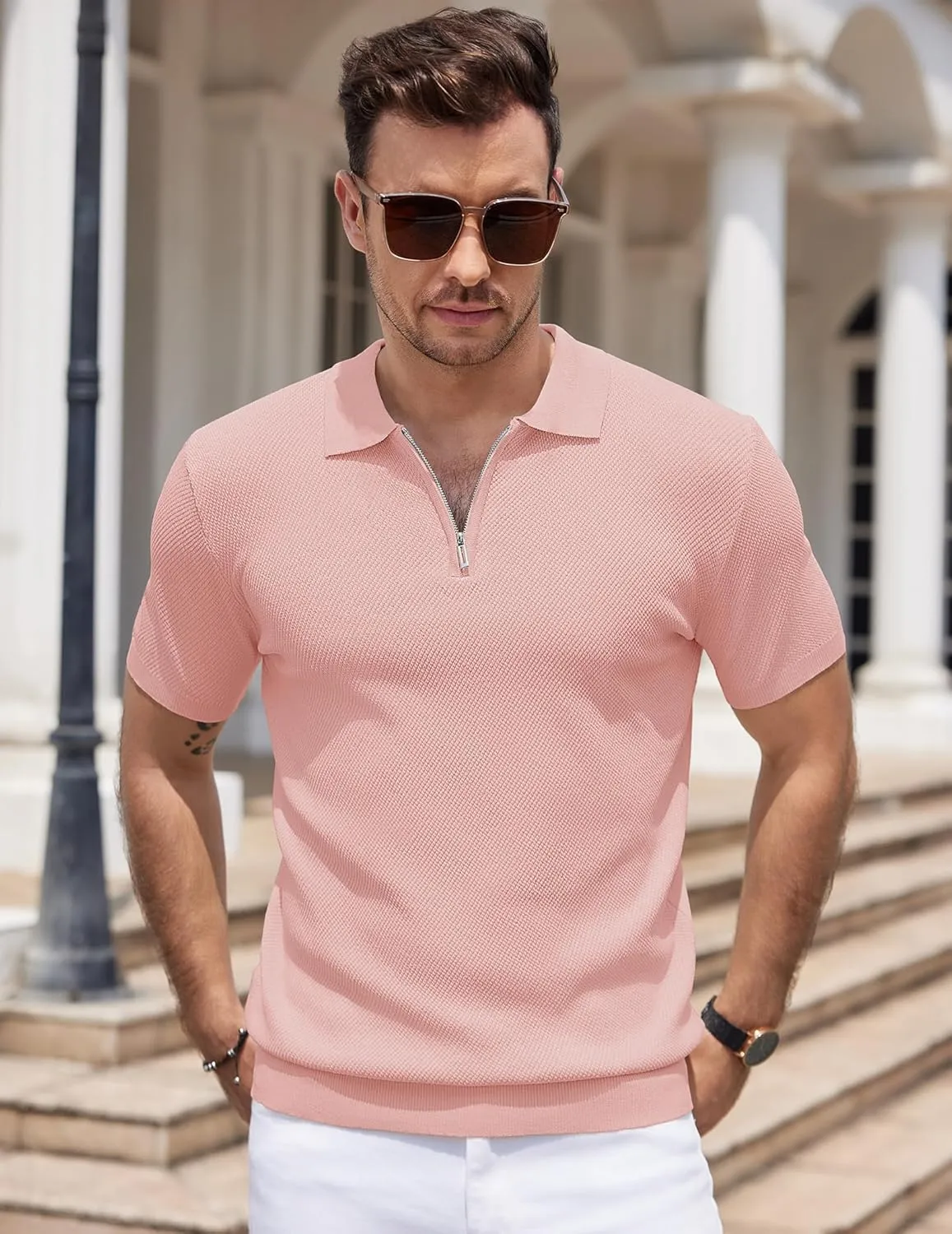 COOFANDY Mens Textured Knit Polo Shirts Zipper Polo Shirts Short Sleeve Casual Lightweight Golf Shirt