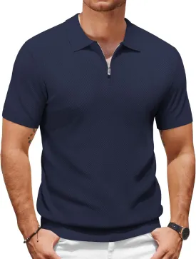 COOFANDY Mens Textured Knit Polo Shirts Zipper Polo Shirts Short Sleeve Casual Lightweight Golf Shirt