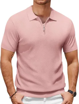 COOFANDY Mens Textured Knit Polo Shirts Zipper Polo Shirts Short Sleeve Casual Lightweight Golf Shirt