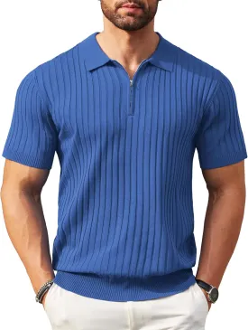 COOFANDY Men's Zipper Polo Shirts Short Sleeve Ribbed Knit Polo T Shirts Fashion Casual Golf Shirts