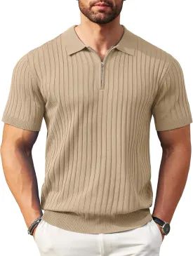 COOFANDY Men's Zipper Polo Shirts Short Sleeve Ribbed Knit Polo T Shirts Fashion Casual Golf Shirts