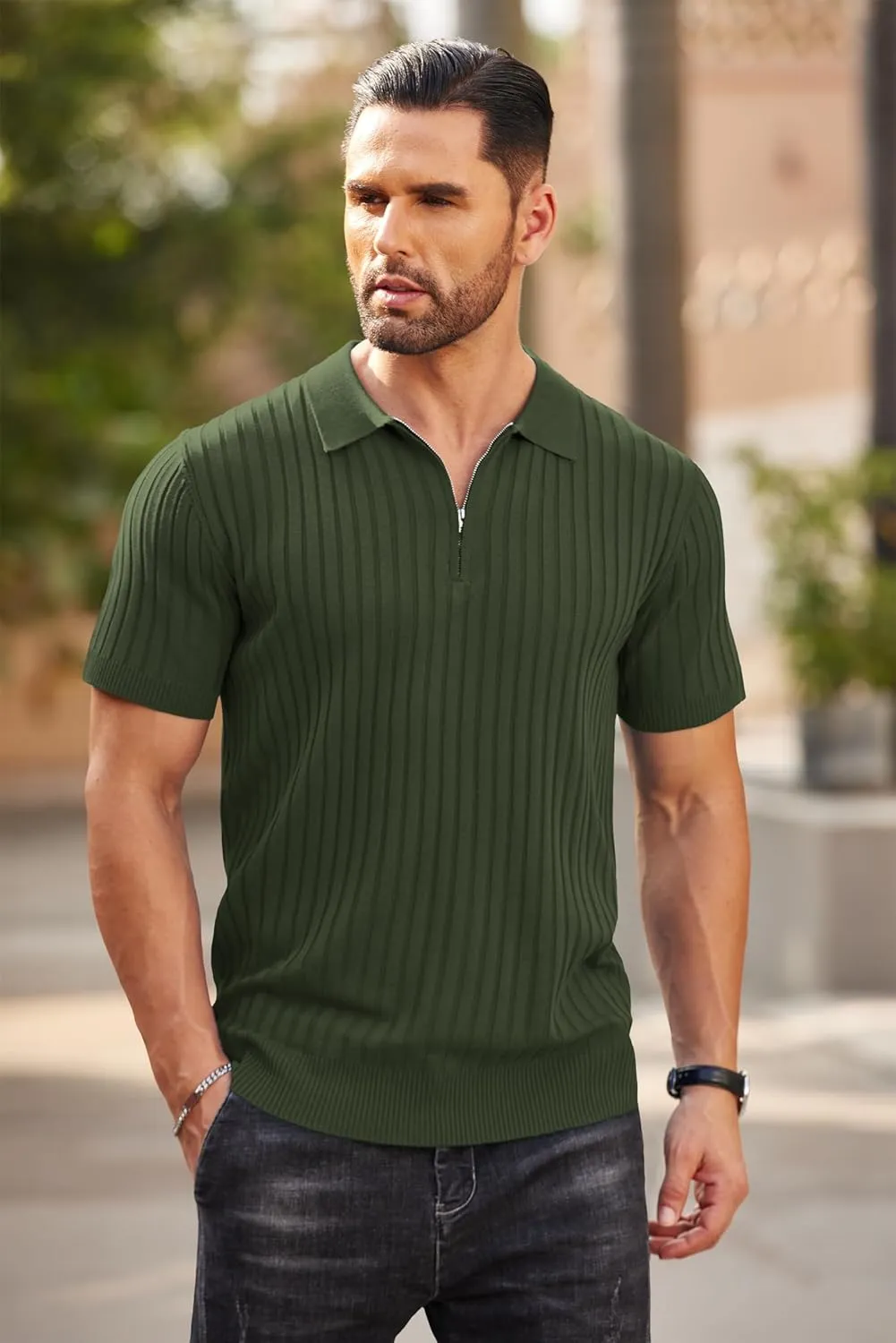 COOFANDY Men's Zipper Polo Shirts Short Sleeve Ribbed Knit Polo T Shirts Fashion Casual Golf Shirts