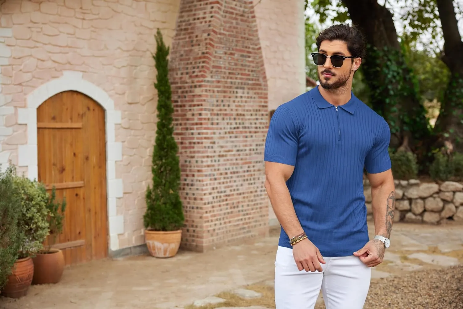 COOFANDY Men's Zipper Polo Shirts Short Sleeve Ribbed Knit Polo T Shirts Fashion Casual Golf Shirts