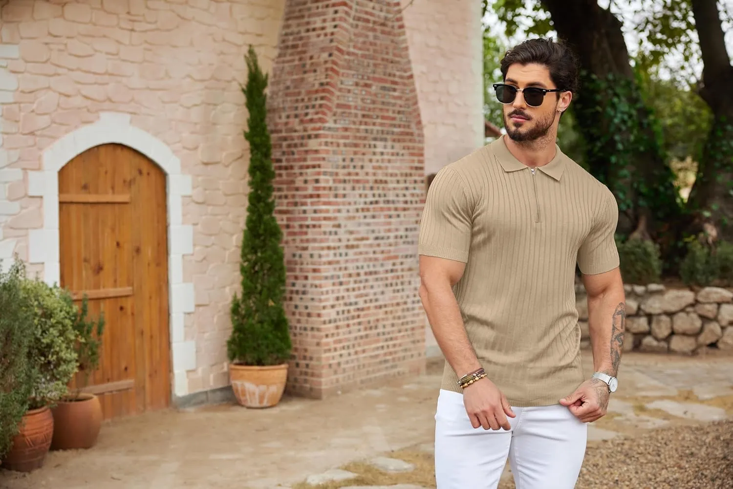 COOFANDY Men's Zipper Polo Shirts Short Sleeve Ribbed Knit Polo T Shirts Fashion Casual Golf Shirts