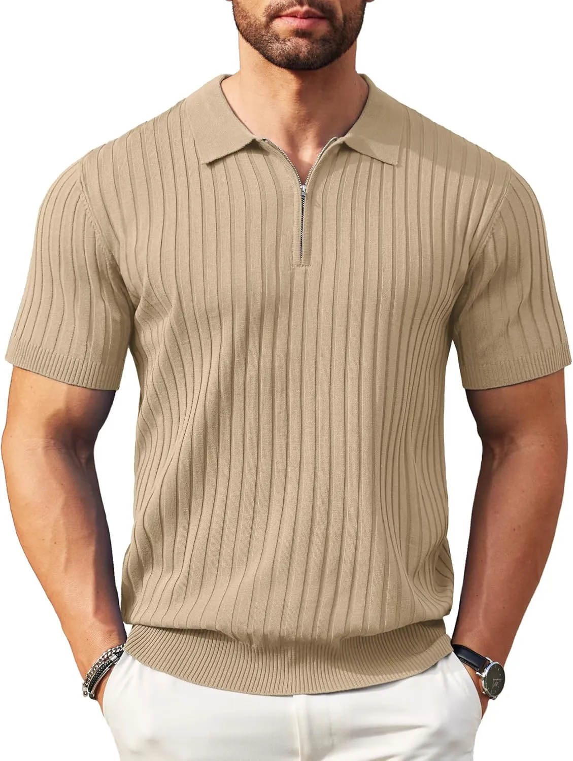 COOFANDY Men's Zipper Polo Shirts Short Sleeve Ribbed Knit Polo T Shirts Fashion Casual Golf Shirts