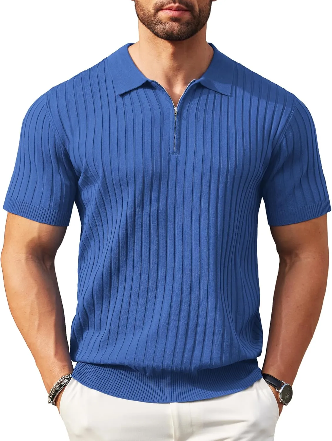 COOFANDY Men's Zipper Polo Shirts Short Sleeve Ribbed Knit Polo T Shirts Fashion Casual Golf Shirts