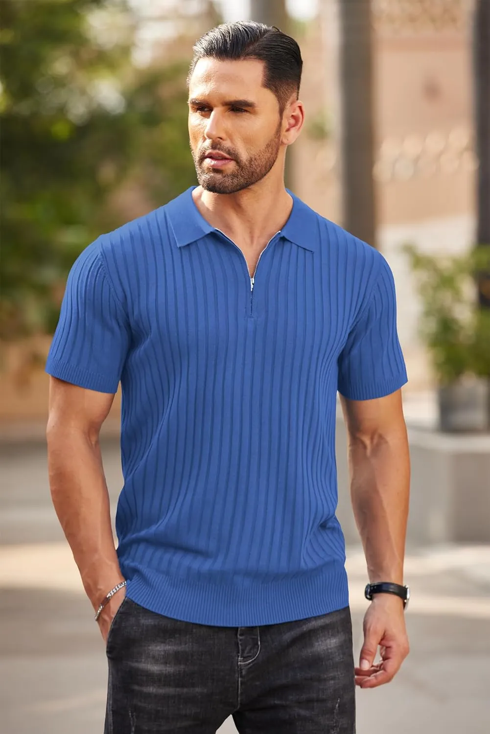COOFANDY Men's Zipper Polo Shirts Short Sleeve Ribbed Knit Polo T Shirts Fashion Casual Golf Shirts