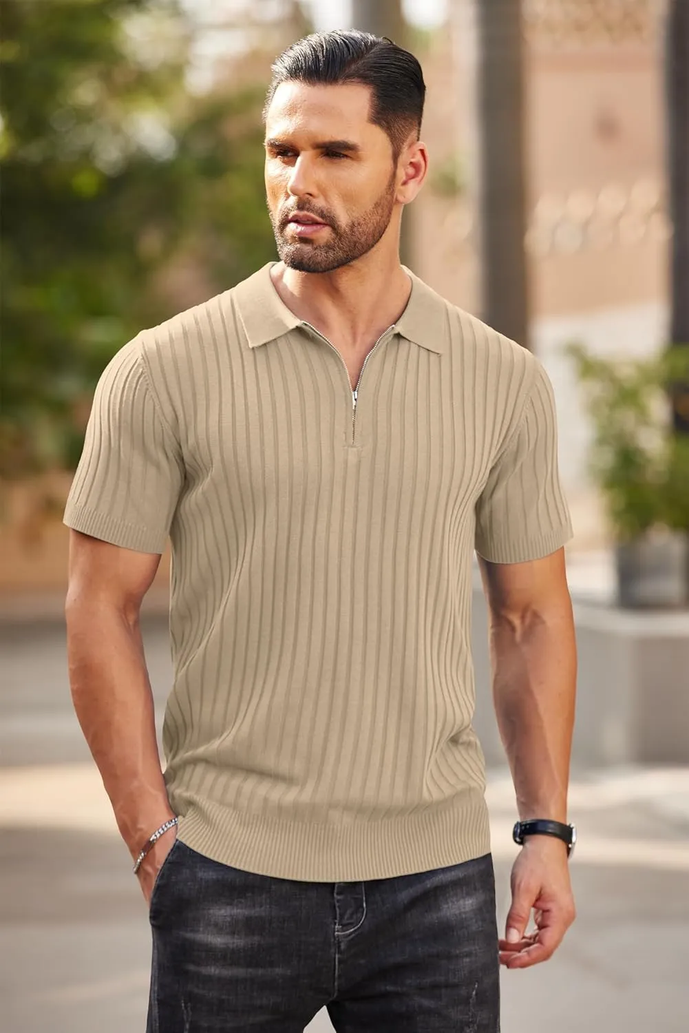 COOFANDY Men's Zipper Polo Shirts Short Sleeve Ribbed Knit Polo T Shirts Fashion Casual Golf Shirts