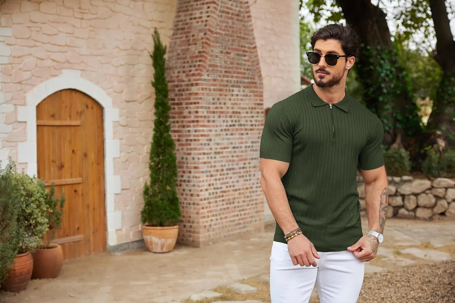 COOFANDY Men's Zipper Polo Shirts Short Sleeve Ribbed Knit Polo T Shirts Fashion Casual Golf Shirts