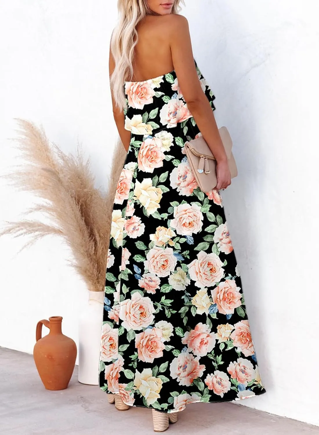 Dokotoo Womens Strapless Dresses Casual Summer High Waist Side Split Flowy Boho Maxi Dress