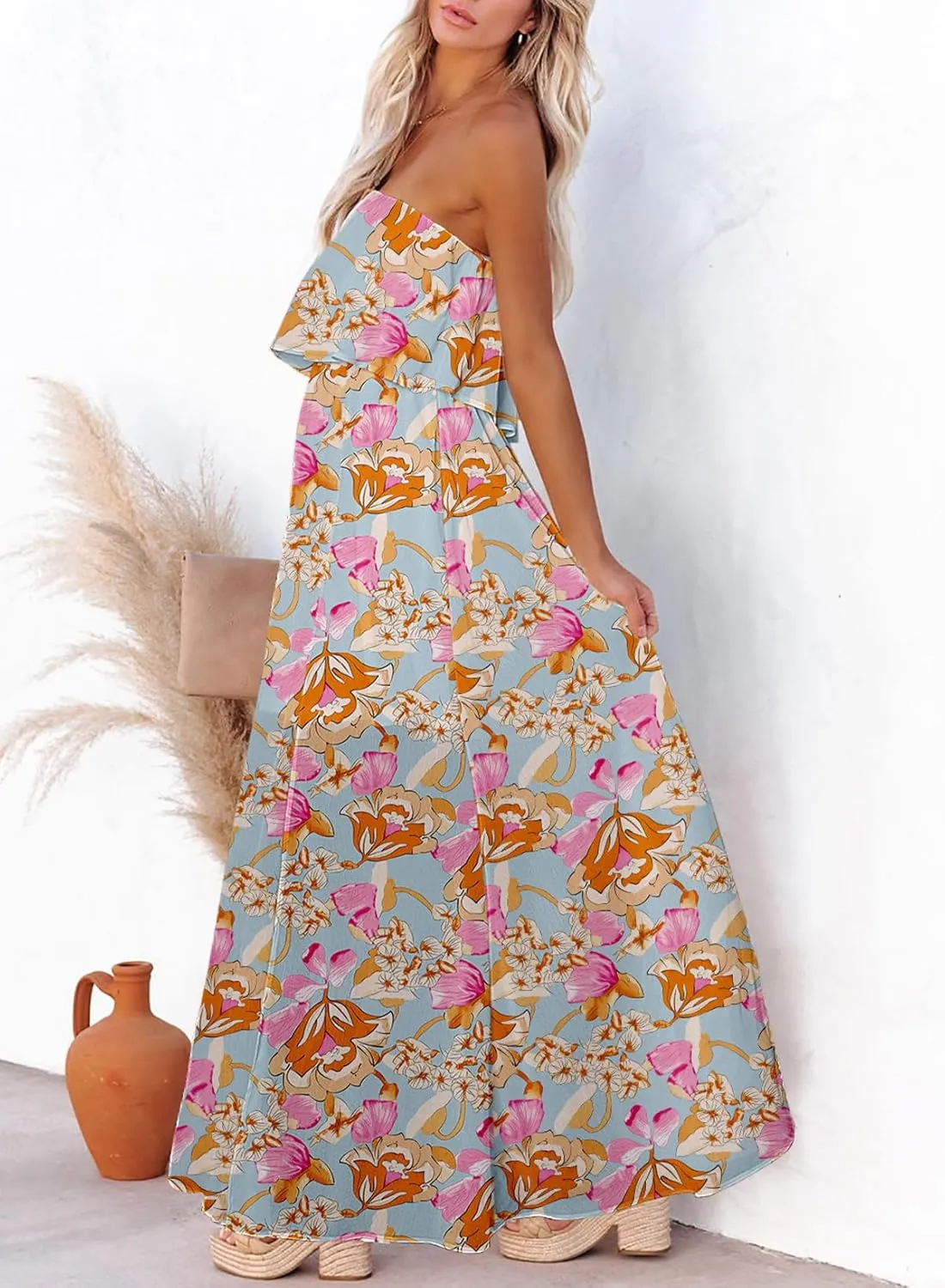 Dokotoo Womens Strapless Dresses Casual Summer High Waist Side Split Flowy Boho Maxi Dress