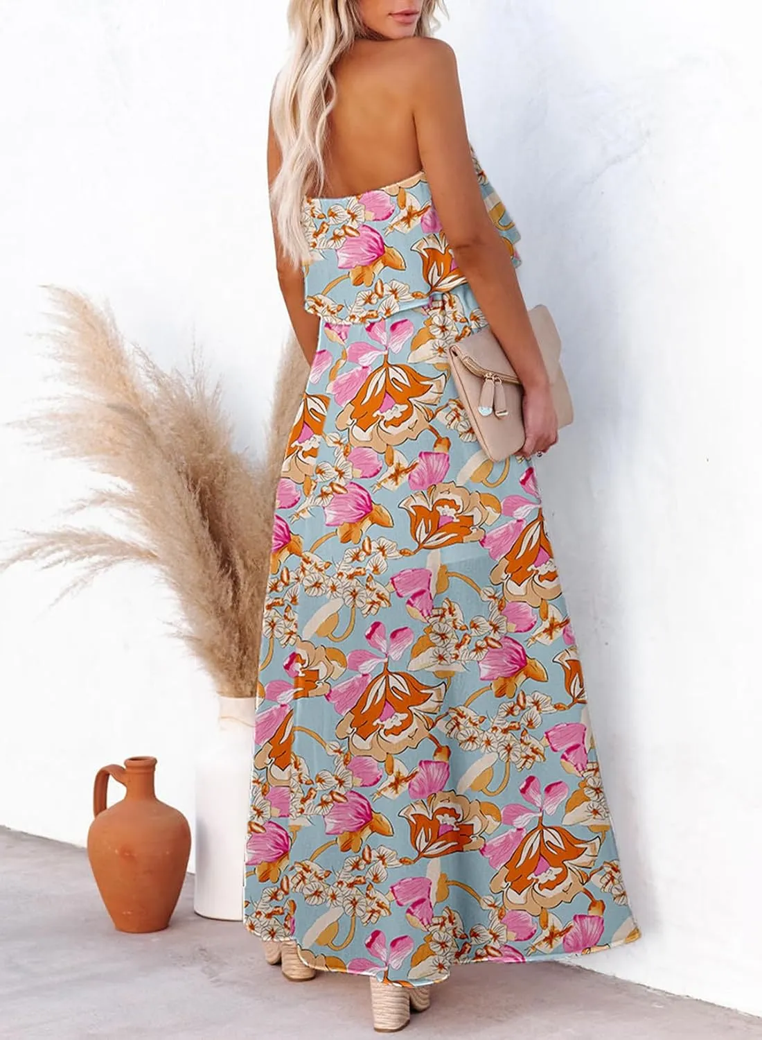 Dokotoo Womens Strapless Dresses Casual Summer High Waist Side Split Flowy Boho Maxi Dress