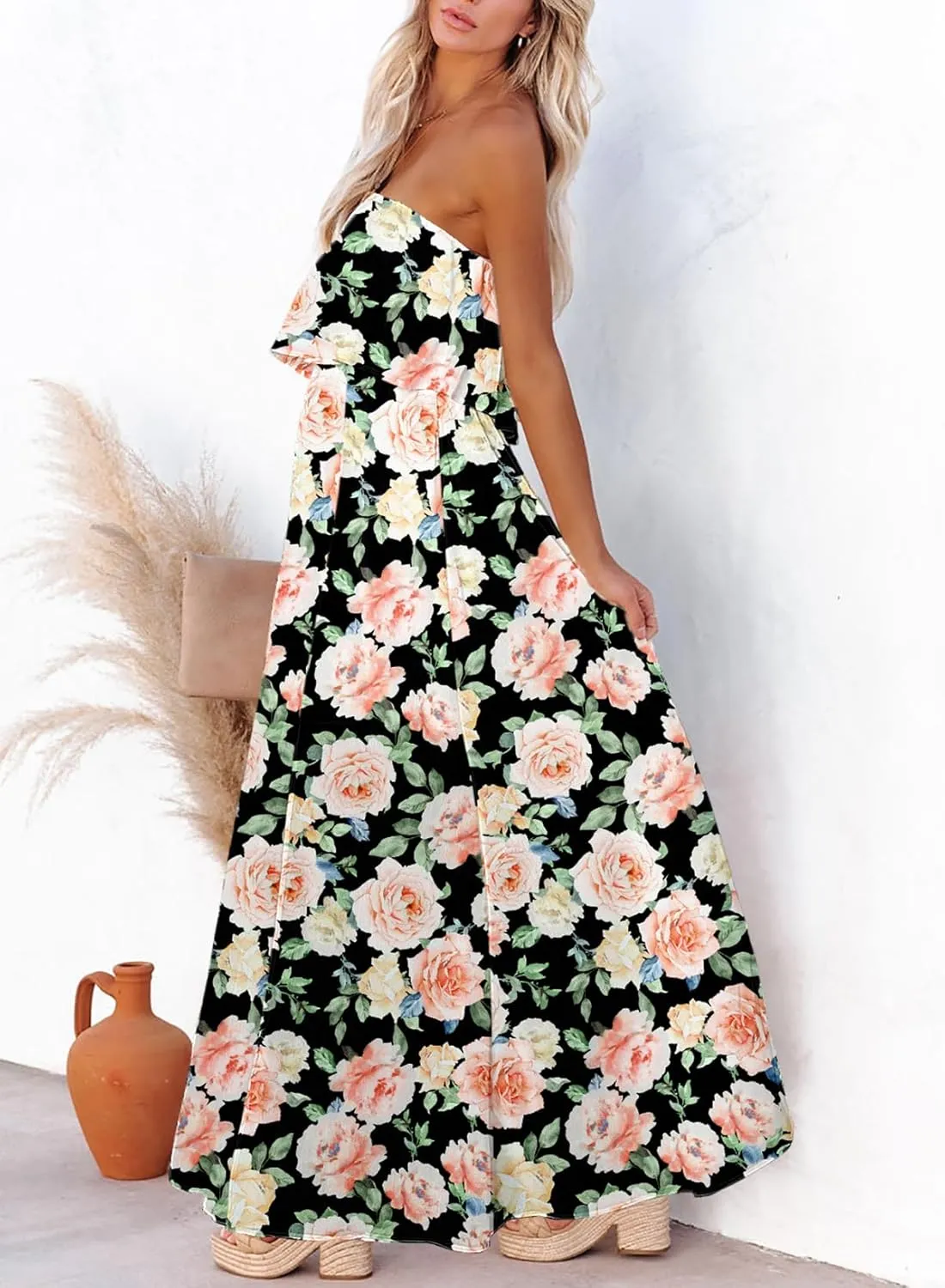 Dokotoo Womens Strapless Dresses Casual Summer High Waist Side Split Flowy Boho Maxi Dress