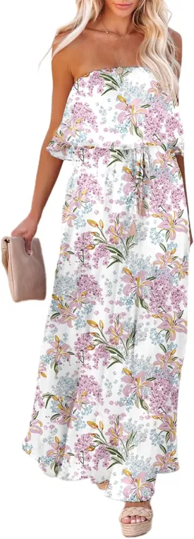 Dokotoo Womens Strapless Dresses Casual Summer High Waist Side Split Flowy Boho Maxi Dress