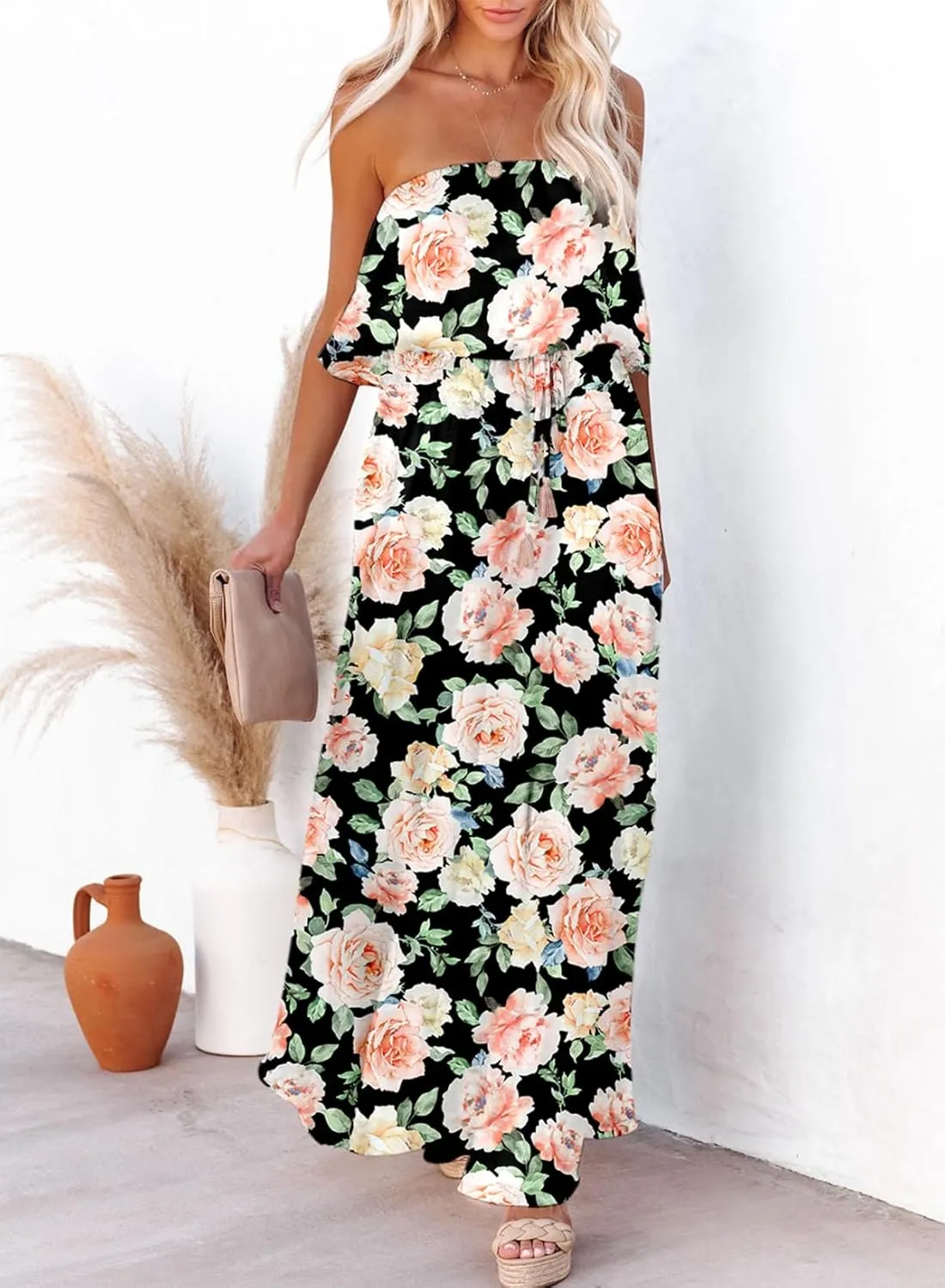 Dokotoo Womens Strapless Dresses Casual Summer High Waist Side Split Flowy Boho Maxi Dress