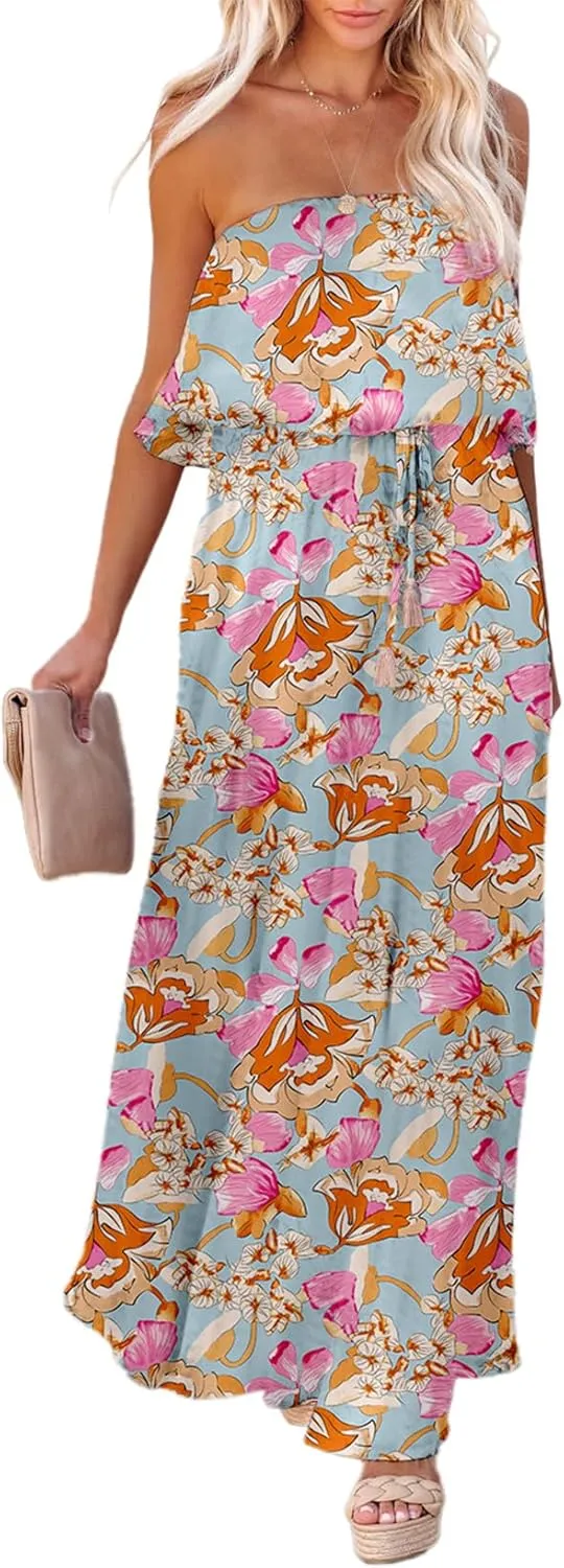 Dokotoo Womens Strapless Dresses Casual Summer High Waist Side Split Flowy Boho Maxi Dress