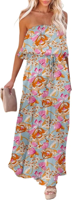Dokotoo Womens Strapless Dresses Casual Summer High Waist Side Split Flowy Boho Maxi Dress