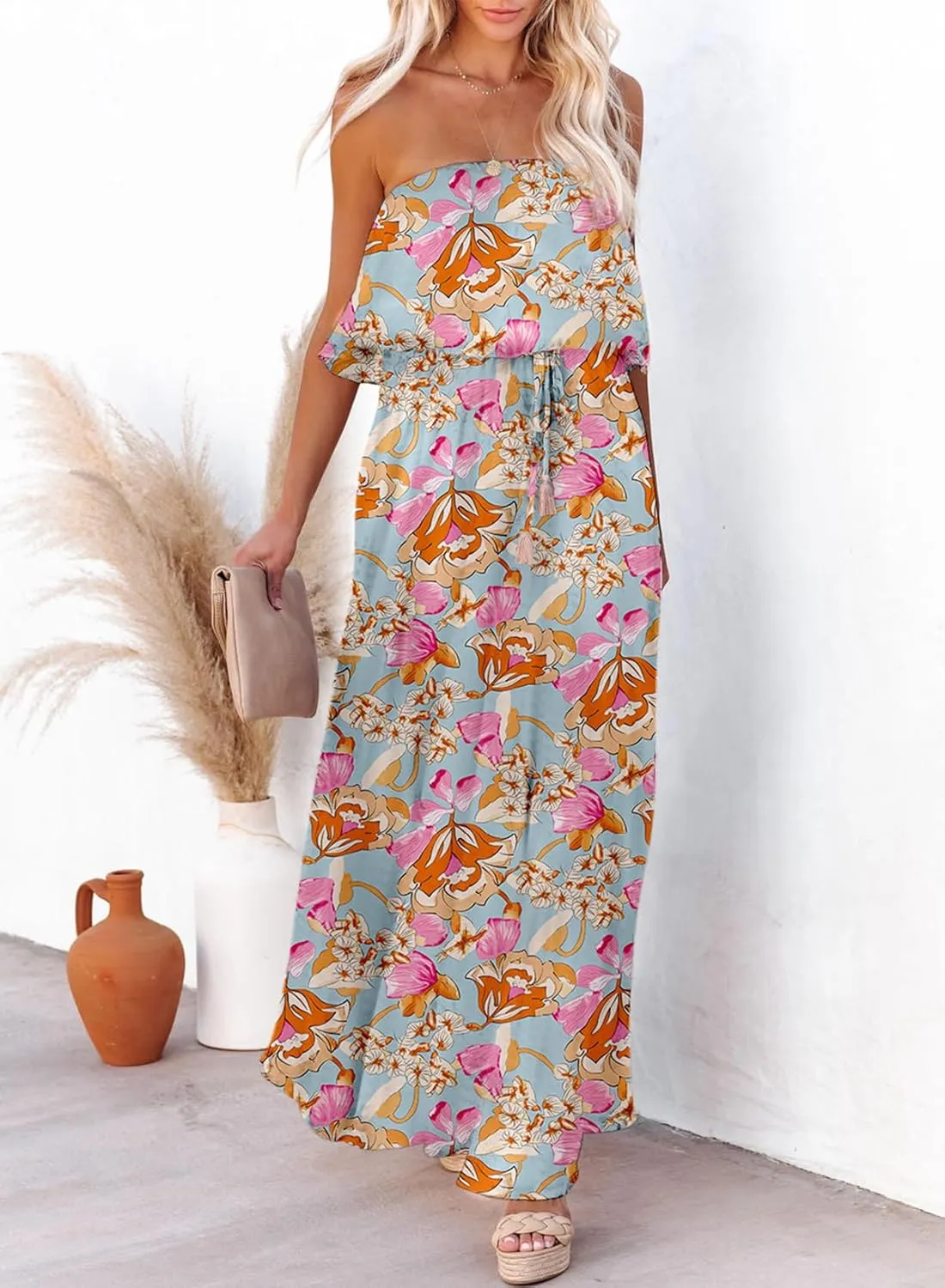 Dokotoo Womens Strapless Dresses Casual Summer High Waist Side Split Flowy Boho Maxi Dress