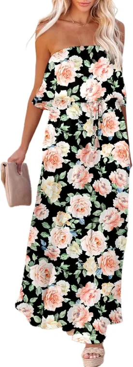 Dokotoo Womens Strapless Dresses Casual Summer High Waist Side Split Flowy Boho Maxi Dress