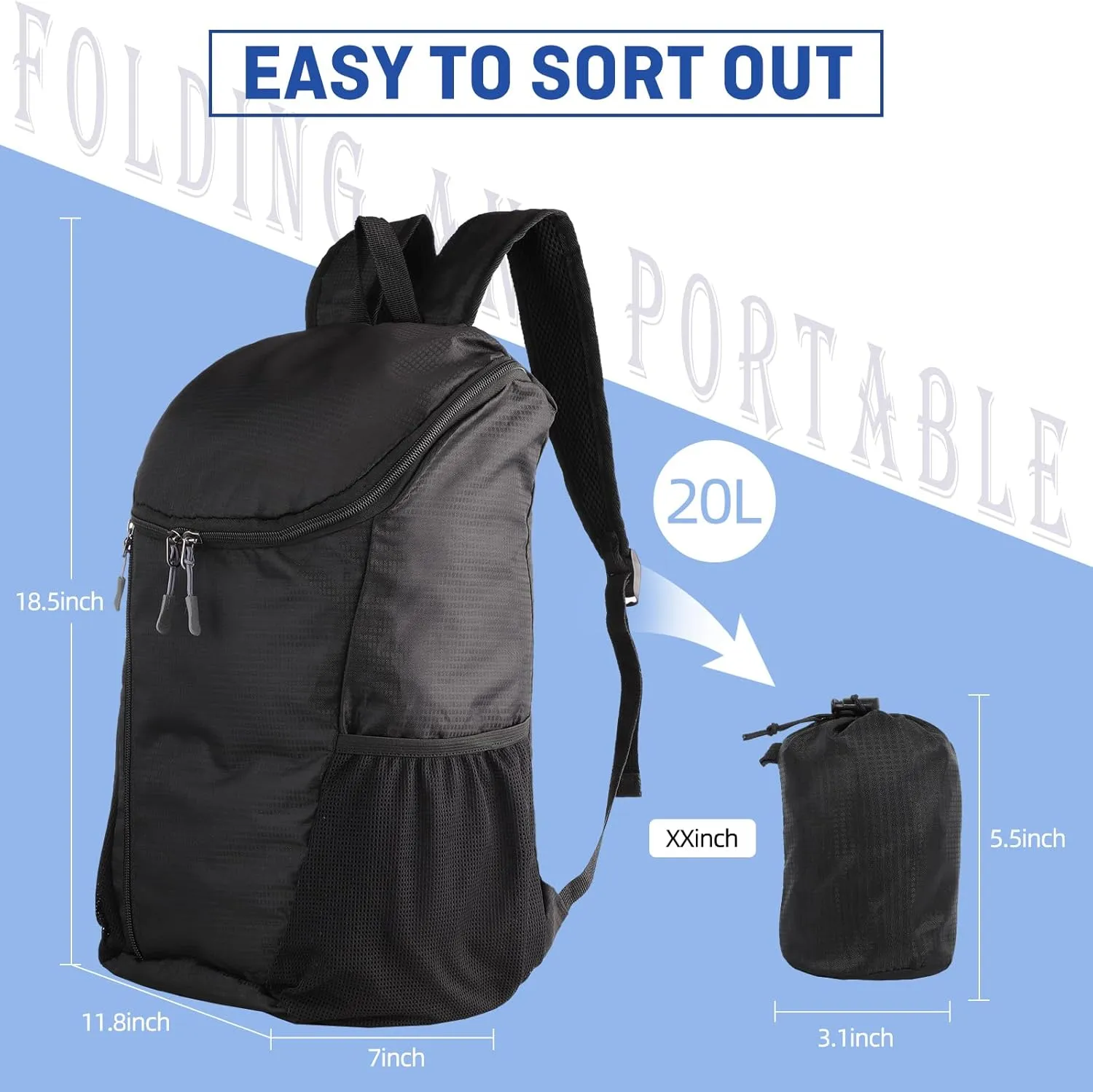 DOVO Hiking Backpack, Waterproof and Wear-resistant Lightweight Backpack Packable,Outdoor Travel Camping Daypack Foldable-BLACK