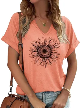 Earlymemb Womens Vintage Flowers V Neck Shirt Boho Floral Wildflowers Graphic Tee Casual Cottagecore Short Sleeve T Shirt