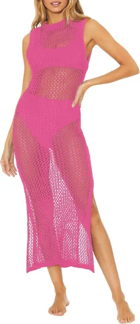 Ebifin Womens Sexy Cover Ups Crochet Dress Sleeveless Crew Neck Hollow Out Beach Cover Up Side Slit Knit Midi Dresses