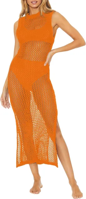 Ebifin Womens Sexy Cover Ups Crochet Dress Sleeveless Crew Neck Hollow Out Beach Cover Up Side Slit Knit Midi Dresses