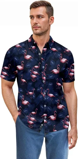 ETHANOL Mens Slim Fit Short Sleeve Button Down Polo Tech Stretch Printed Shirt