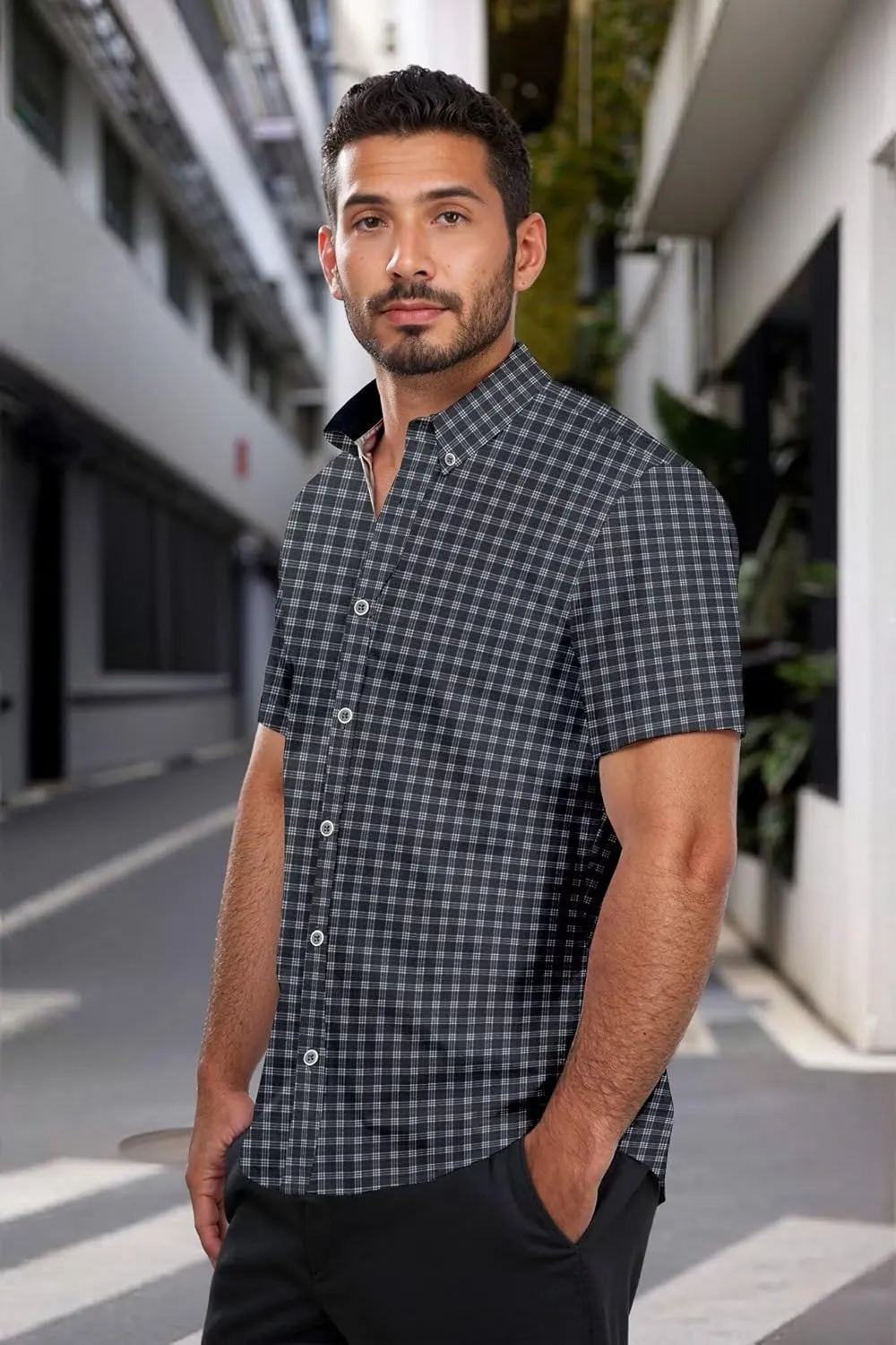 ETHANOL Mens Slim Fit Short Sleeve Button Down Polo Tech Stretch Printed Shirt