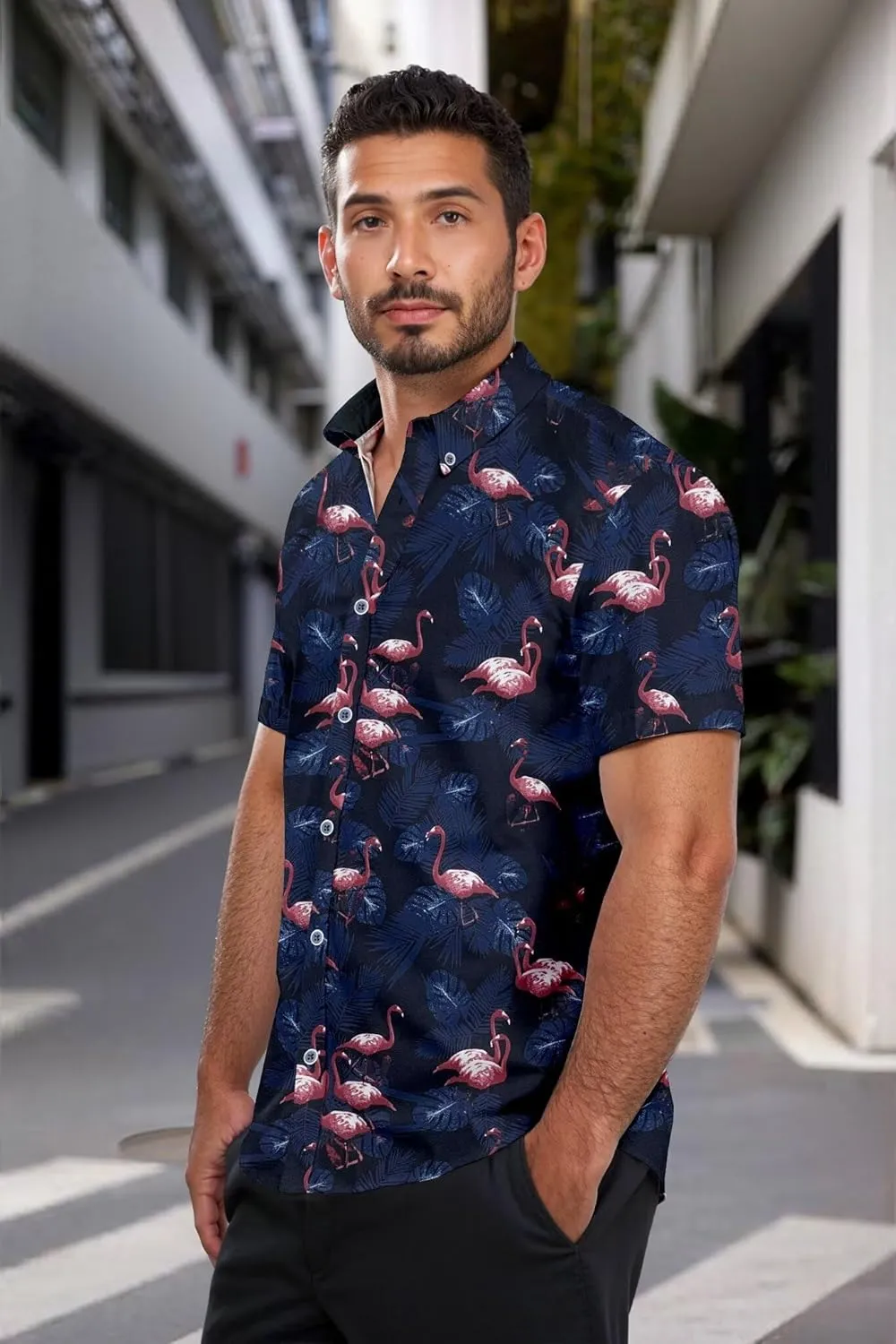ETHANOL Mens Slim Fit Short Sleeve Button Down Polo Tech Stretch Printed Shirt