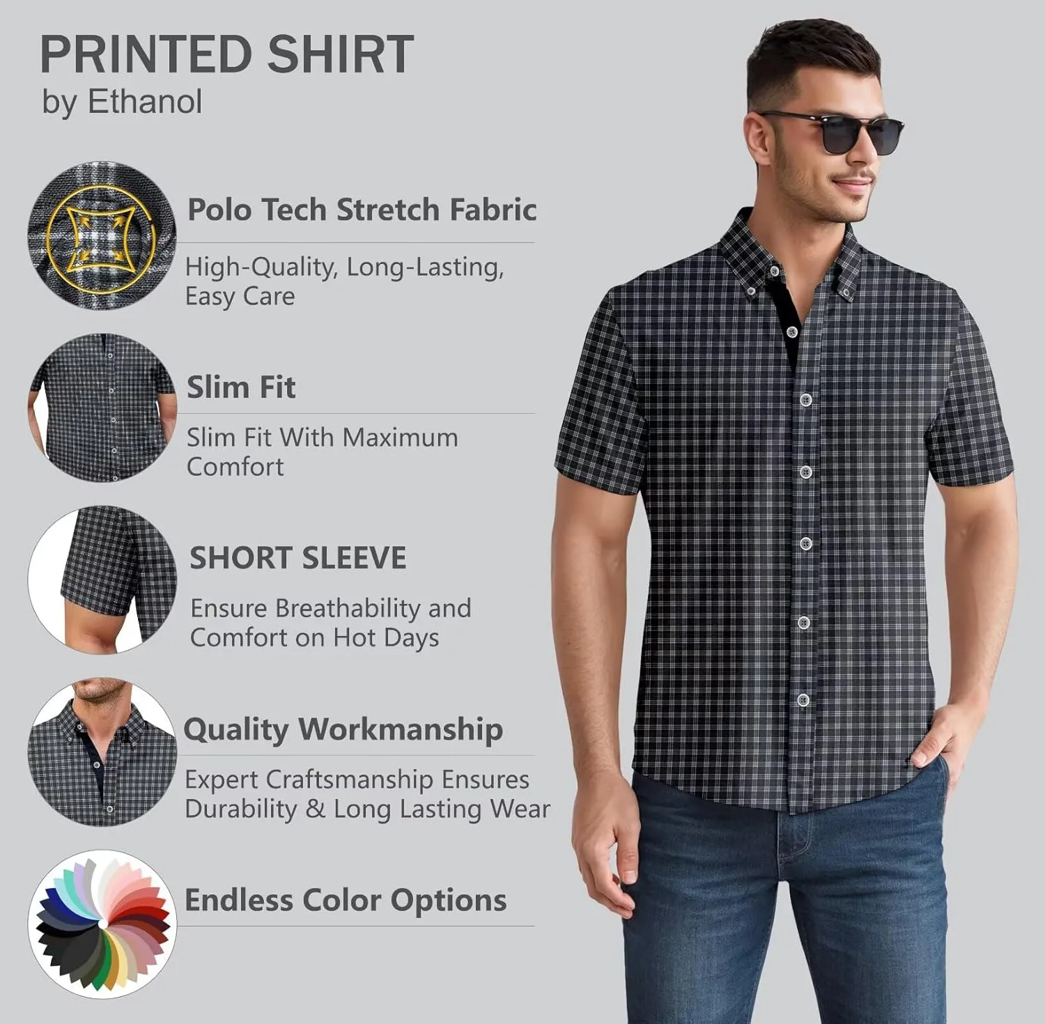 ETHANOL Mens Slim Fit Short Sleeve Button Down Polo Tech Stretch Printed Shirt