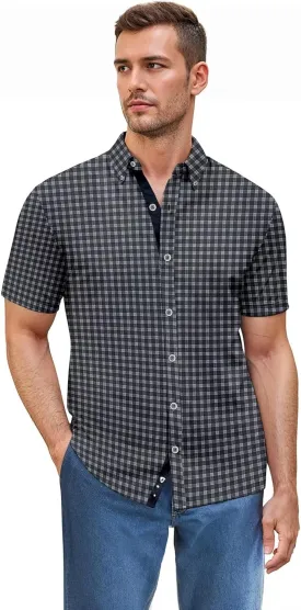 ETHANOL Mens Slim Fit Short Sleeve Button Down Polo Tech Stretch Printed Shirt