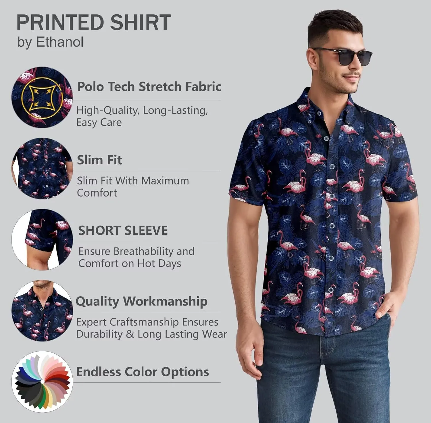 ETHANOL Mens Slim Fit Short Sleeve Button Down Polo Tech Stretch Printed Shirt