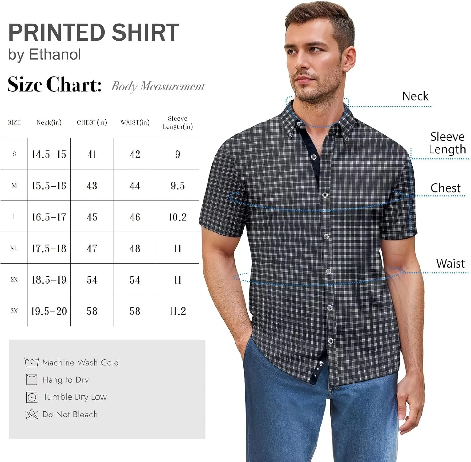 ETHANOL Mens Slim Fit Short Sleeve Button Down Polo Tech Stretch Printed Shirt