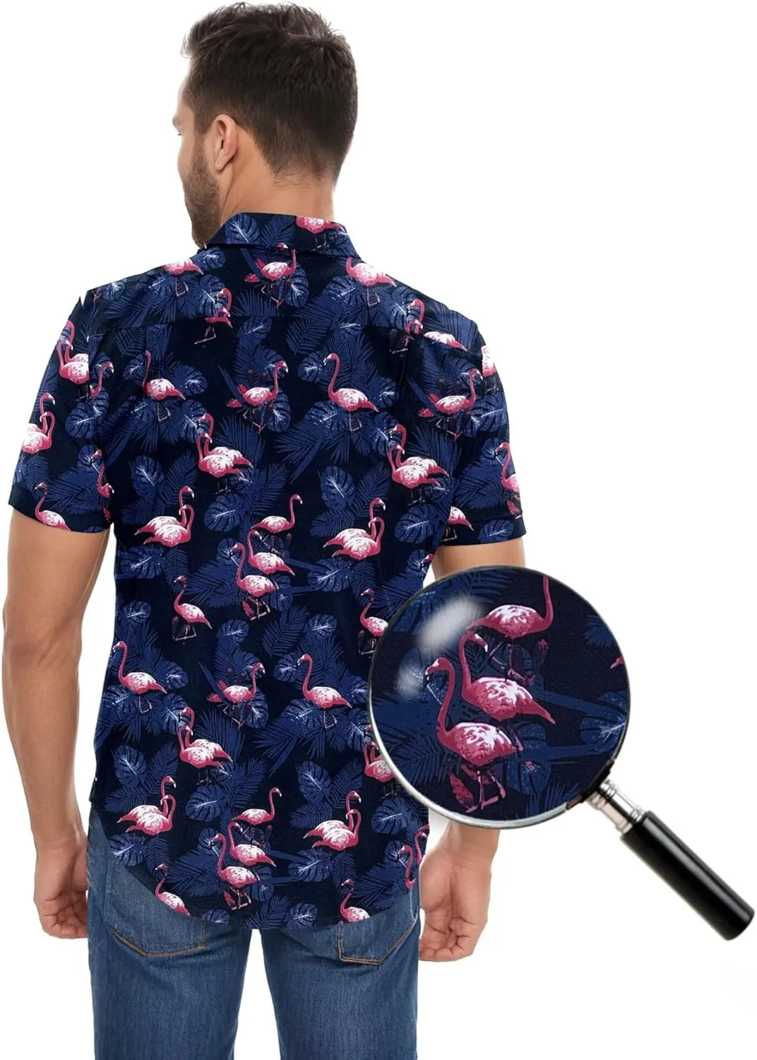 ETHANOL Mens Slim Fit Short Sleeve Button Down Polo Tech Stretch Printed Shirt