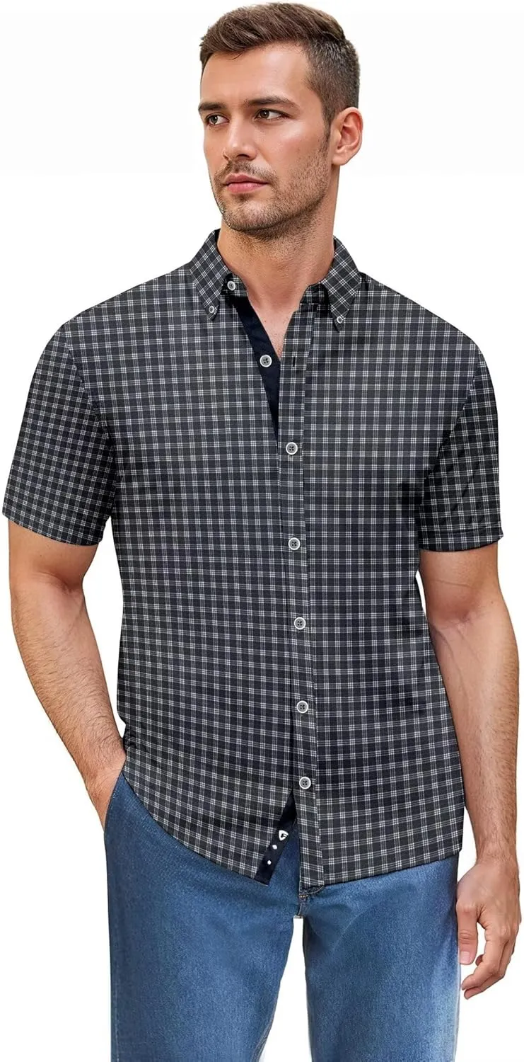 ETHANOL Mens Slim Fit Short Sleeve Button Down Polo Tech Stretch Printed Shirt
