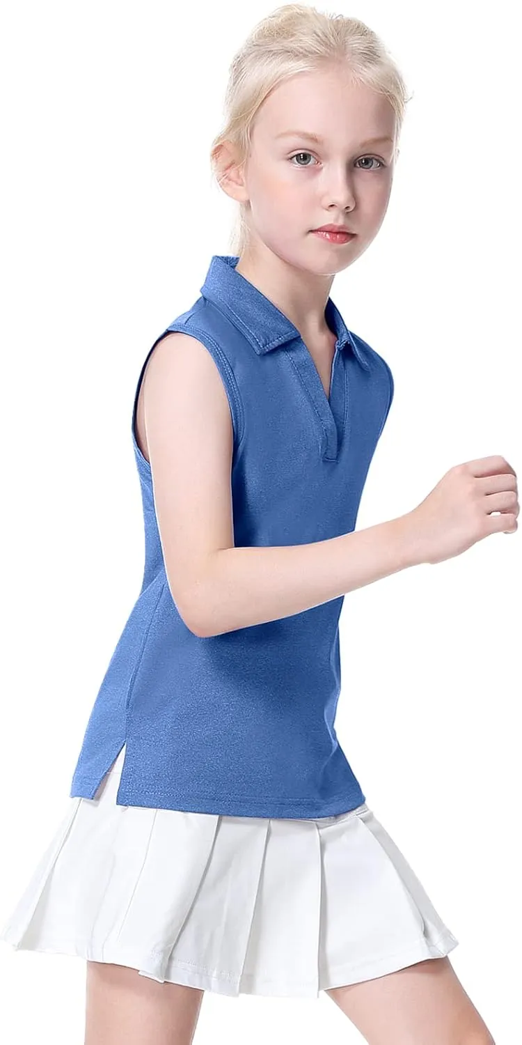 EXARUS Girls' Golf Sleeveless Shirts Polo Tennis Kids V-Neck Athletic Workout Tank Tops UPF 50  Quick Dry Golf Clothes