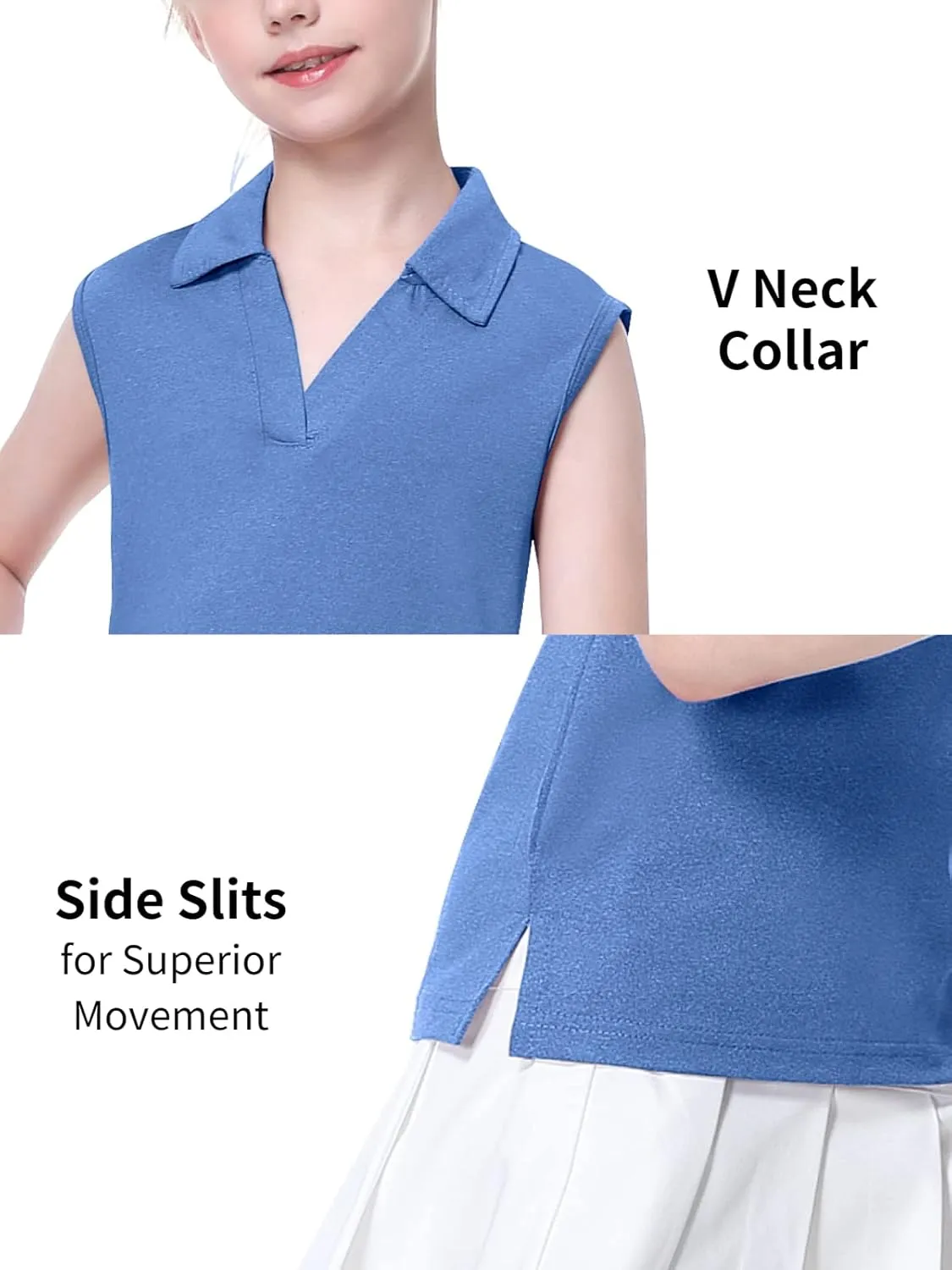 EXARUS Girls' Golf Sleeveless Shirts Polo Tennis Kids V-Neck Athletic Workout Tank Tops UPF 50  Quick Dry Golf Clothes